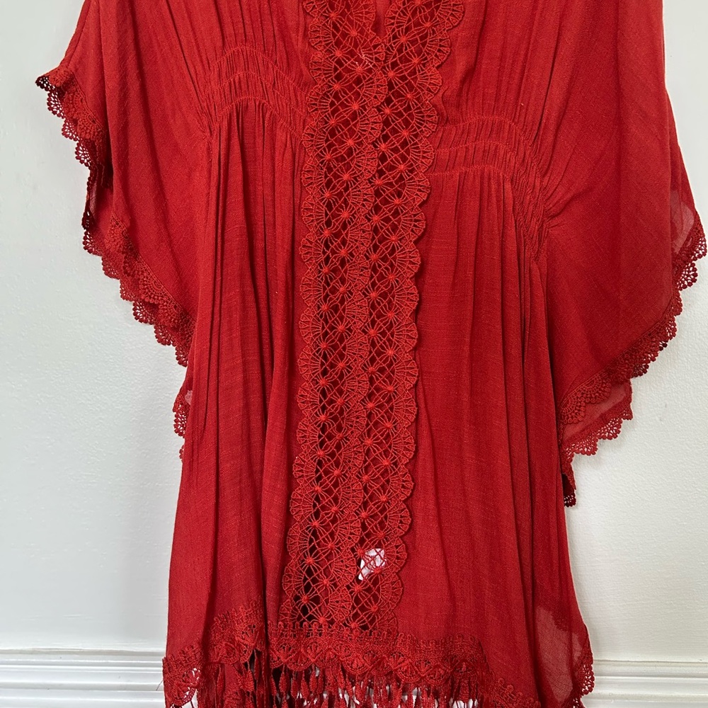 Red Lace Trim Poncho - Picture 2 of 4
